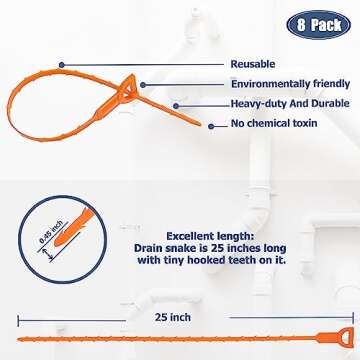 8 Pack 25inch Drain Snake Clog Remover, Drain Hair Remover, Sink Snake Drain Auger Cleaner Tool For ...