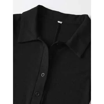 LilyCoco Womens Button Up Bodycon Romper Shorts Short Sleeve Collared Sexy One Piece Black Solid Large