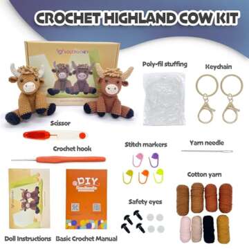 LOLCROCHET Highland Cow Crochet Kit for Beginners, 2 Pcs Animals Amigurumi Crochet Starter Kit with ...