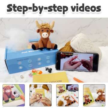 LOLCROCHET Highland Cow Crochet Kit for Beginners, 2 Pcs Animals Amigurumi Crochet Starter Kit with Step-by-Step Video Tutorial, Easy Knitting Set for Kids Adults Crocheting Doll Xmas Gift