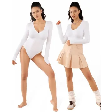 Stylish MANGOPOP Deep V Neck Long Sleeve Bodysuit for Women