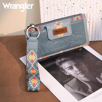 Wrangler Wallets for Women Western Women Purse Boho Aztec Clutch Wristlet Wallet with Double Layer Credit Card Holder Women's Wallet with zipper WG139-W013JN