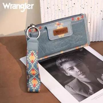 Wrangler Wallets for Women Western Women Purse Boho Aztec Clutch Wristlet Wallet with Double Layer Credit Card Holder Women's Wallet with zipper WG139-W013JN