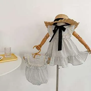 Ashmyova Toddler Girls Linen Summer Casual Dress Kids Vintage Ruffles Stripe Baby Rompers Dresses
