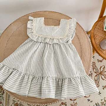 Ashmyova Toddler Girls Linen Summer Casual Dress Kids Vintage Ruffles Stripe Baby Rompers Dresses