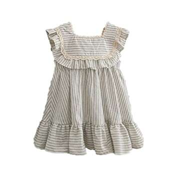 Ashmyova Toddler Girls Linen Summer Casual Dress Kids Vintage Ruffles Stripe Baby Rompers Dresses
