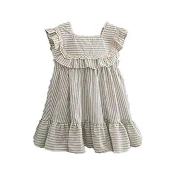 Ashmyova Toddler Girls Linen Summer Casual Dress Kids Vintage Ruffles Stripe Baby Rompers Dresses