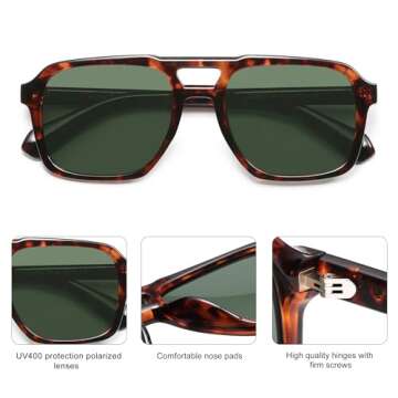 SOJOS Retro Aviator Polarized Sunglasses For Women Men Womens Oversized Thick Square Vintage 70s Sun Glasses SJ2330,Red Tortoise Green