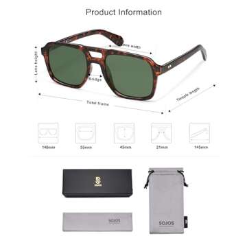 SOJOS Retro Aviator Polarized Sunglasses For Women Men Womens Oversized Thick Square Vintage 70s Sun Glasses SJ2330,Red Tortoise Green
