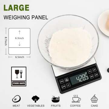 NEXT-SHINE Food Kitchen Scale Rechargeable, 5kg/11lb Digital Large Scale with LCD Backlit Display and Protective Tray, Accuracy 0.1g for Baking Cooking Meal Prep, 304 Stainless Steel Weighing Platform