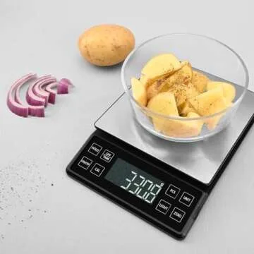 NEXT-SHINE Food Kitchen Scale Rechargeable, 5kg/11lb Digital Large Scale with LCD Backlit Display and Protective Tray, Accuracy 0.1g for Baking Cooking Meal Prep, 304 Stainless Steel Weighing Platform