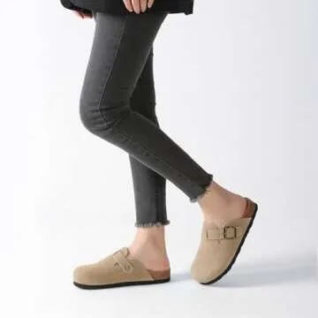 Xiakolaka Women's Suede Clogs Adjustable Buckle Slip on Footbed Home Clog Slippers Khaki Size 7