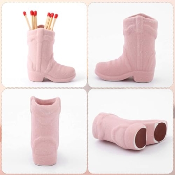Cowboy Boot Match Holder, Ceramic Match Box for All Matches, Match Jar for Bathroom, Kitchen, Cute Matchstick Holder for Home Decor (Matches NOT Included) (Pink)