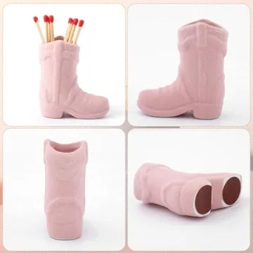 Cowboy Boot Match Holder, Ceramic Match Box for All Matches, Match Jar for Bathroom, Kitchen, Cute Matchstick Holder for Home Decor (Matches NOT Included) (Pink)