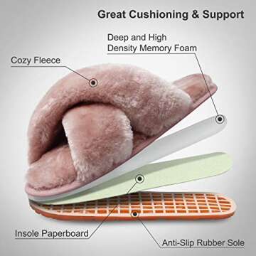 Slipper Shoes for Women Cross Open Toe Fuzzy Fluffy House Slip On Breathable House Indoor Slippers Pink 8-9