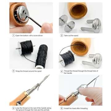 Professional Sewing Awl Hand Stitcher Repair Tool Kit for Leather and Heavy Fabrics with 2PCS Needles, 1PC Coil and Yarn/Threads