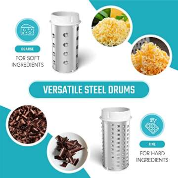 Restaurant-Grade Italian Cuisine Rotary Cheese Grater with Handle - Perfect Heavy-Duty Parmesan Cheese Grater - Effortlessly Shred and Shave Cheese with 2 Easy to clean Stainless Steel Drum Blades