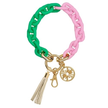 Lilly Pulitzer Chain Link Keychain Bracelet – Stylish Wristlet with Tassel in Pink/Spearmint