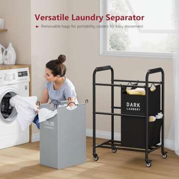 Tajsoon 2 Bag Laundry Sorter: Heavy Duty & Lockable Rolling Wheels for Easy Clothing Storage