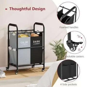 Tajsoon 2 Bag Laundry Sorter Cart with Heavy Duty Wheels