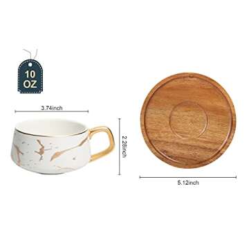 ENJOHOS 10 Oz Ceramic Tea Cup Coffee Cup Set with Wooden Saucer European Golden Hand Cup Saucer Set(White)