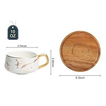 ENJOHOS 10 Oz Ceramic Tea Cup Coffee Cup Set with Wooden Saucer European Golden Hand Cup Saucer Set(White)