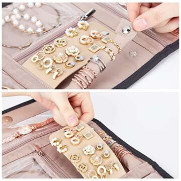 BELALIFE Travel Jewelry Case Organizer, Foldable Storage Roll for Earrings, Necklaces, Rings, Bracelets, Brooches, Black