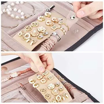 BELALIFE Travel Jewelry Case Organizer, Foldable Storage Roll for Earrings, Necklaces, Rings, Bracelets, Brooches, Black