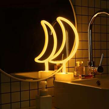 USB or Battery Led Neon Sign Art Decorative Lights Table Decoration Neon Lamp with Base,Moon Neon Night Light for Luau Summer Party Children Kids Gifts Wall Art Bedroom Home (Yellow)