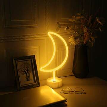 USB or Battery Led Neon Sign Art Decorative Lights Table Decoration Neon Lamp with Base,Moon Neon Night Light for Luau Summer Party Children Kids Gifts Wall Art Bedroom Home (Yellow)