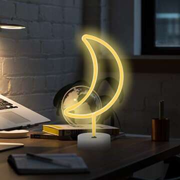 USB or Battery Led Neon Sign Art Decorative Lights Table Decoration Neon Lamp with Base,Moon Neon Night Light for Luau Summer Party Children Kids Gifts Wall Art Bedroom Home (Yellow)
