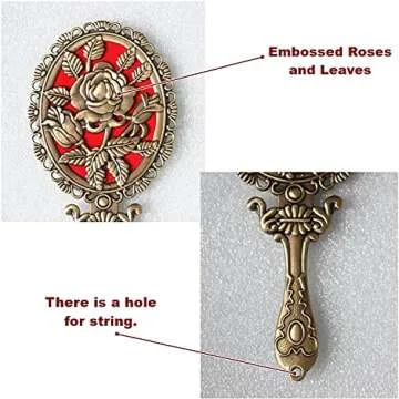 SEHAMANO Vintage Hand Mirror with Embossed Rose on The Back Handheld Makeup Beauty Metal Mirror Compact Purse Small Mirror (Brass (Matt Gold))