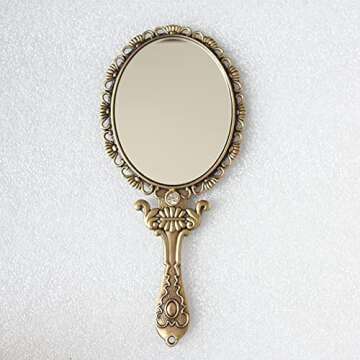 SEHAMANO Vintage Hand Mirror with Embossed Rose on The Back Handheld Makeup Beauty Metal Mirror Compact Purse Small Mirror (Brass (Matt Gold))