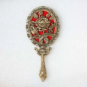 SEHAMANO Vintage Hand Mirror with Embossed Rose on The Back Handheld Makeup Beauty Metal Mirror Compact Purse Small Mirror (Brass (Matt Gold))