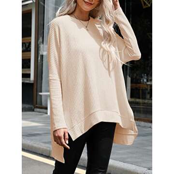 ANRABESS Women's Oversized Crewneck Long Batwing Sleeve Waffle Knit Lightweight Casual Loose Split Sweater Shirts Tunic Tops apricot Small