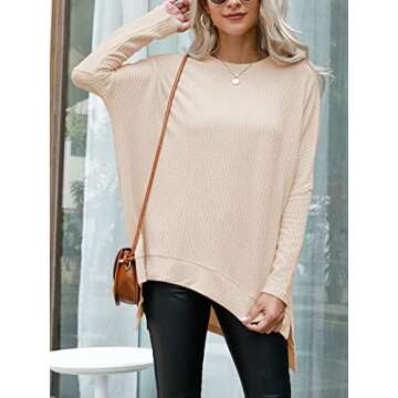 ANRABESS Women's Oversized Crewneck Long Batwing Sleeve Waffle Knit Lightweight Casual Loose Split Sweater Shirts Tunic Tops apricot Small