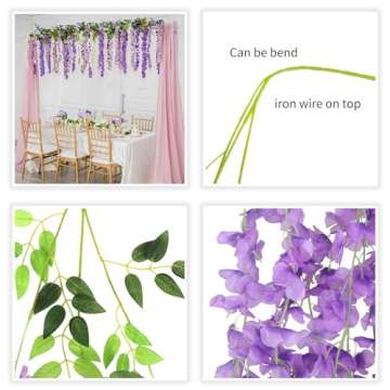 CEWOR 24pcs Wisteria Hanging Flowers 3.6ft Artificial Vines Fake Garland Silk Flower String for Wedding Party Garden Outdoor Greenery Home Wall Decoration (Purple)