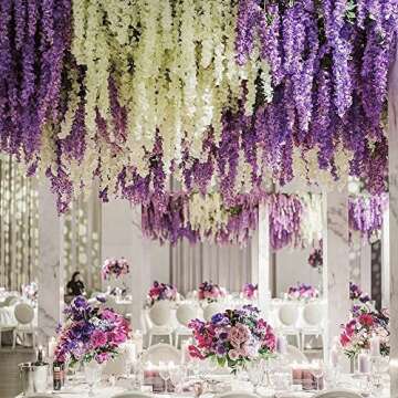 CEWOR 24pcs Wisteria Hanging Flowers 3.6ft Artificial Vines Fake Garland Silk Flower String for Wedding Party Garden Outdoor Greenery Home Wall Decoration (Purple)