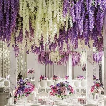 CEWOR 24pcs Wisteria Hanging Flowers 3.6ft Artificial Vines Fake Garland Silk Flower String for Wedding Party Garden Outdoor Greenery Home Wall Decoration (Purple)