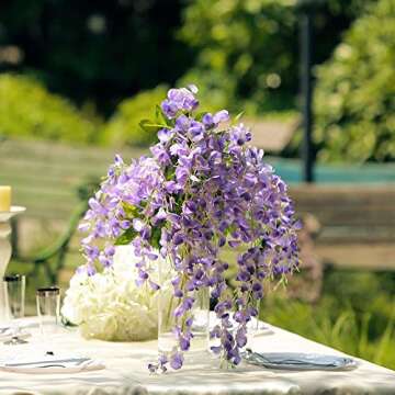 CEWOR 24pcs Wisteria Hanging Flowers 3.6ft Artificial Vines Fake Garland Silk Flower String for Wedding Party Garden Outdoor Greenery Home Wall Decoration (Purple)