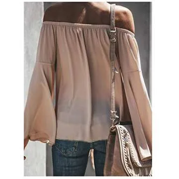LuckyMore Womens Off The Shoulder Long Sleeve Tops Casual Loose Summer Shirt Blouses Apricot S