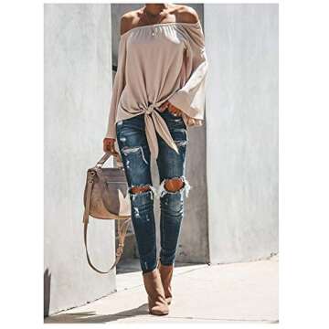 LuckyMore Womens Off The Shoulder Long Sleeve Tops Casual Loose Summer Shirt Blouses Apricot S