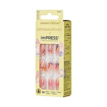 KISS LoveShackFancy x imPRESS Press-On Manicure Limited Edition, Style "Citrus Candy" Medium Almond Pink Press-On Nails, Includes Prep Pad, Mini Nail File, Cuticle Stick, & 30 Fake Nails