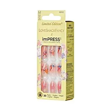 KISS LoveShackFancy x imPRESS Press-On Manicure Limited Edition, Style "Citrus Candy" Medium Almond Pink Press-On Nails, Includes Prep Pad, Mini Nail File, Cuticle Stick, & 30 Fake Nails