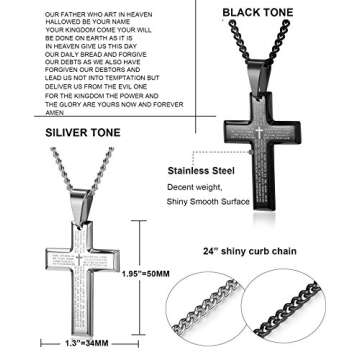 LOYALLOOK 2pcs Men's Stainless Steel Silver Black Tone Cross Pendant Lord's Prayer Necklace 24 Inch