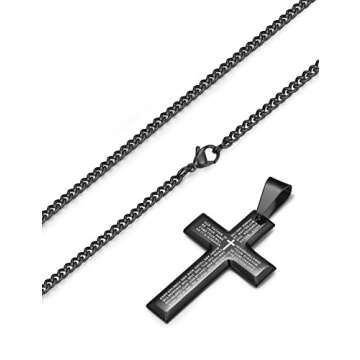 LOYALLOOK 2pcs Men's Stainless Steel Silver Black Tone Cross Pendant Lord's Prayer Necklace 24 Inch