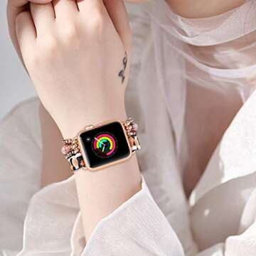 fastgo Bracelet Band Beaded Compatible with Apple Watch 38mm 40mm 41mm Women, Elastic Leather Leopar...