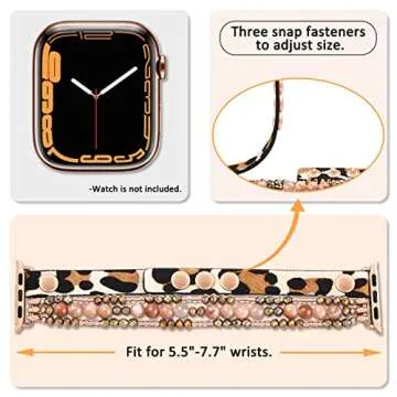 fastgo Bracelet Band Beaded Compatible with Apple Watch 38mm 40mm 41mm Women, Elastic Leather Leopard Strap for Iwatch SE& Series 9 Ultra 8 7 6 5 4 3 2 1(Cheetah/Gold,38/40/41mm)