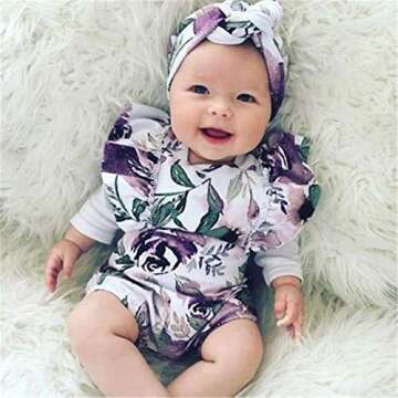 Baby Girls Ruffled Floral Romper Bodysuit Set (0-3 Months)