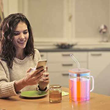 HUAHANGNA Drinking Glasses with Handle Glass Straw 12pcs Set - 20oz Can Shaped Glass Cups, Beer Glasses, Iced Coffee Glasses, Tumbler Cup, Ideal for Milk, Soda, Tea, Water, Gift - Rainbow Collection